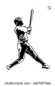 Baseball player. Baseball cap. Hitter swinging with bat. Abstract isolated vector silhouette. Iink drawing