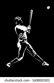 Baseball player. Baseball cap. Hitter swinging with bat. Abstract isolated vector silhouette. Iink drawing