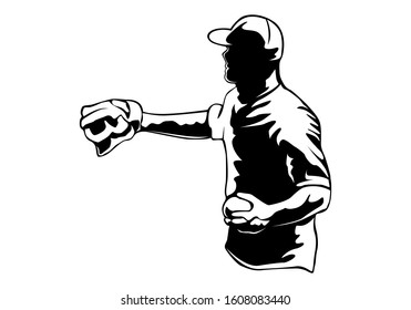 Baseball player. Baseball cap. Hitter swinging with bat. Abstract isolated vector silhouette. Iink drawing