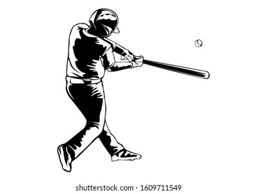 Baseball player. Baseball cap. Hitter swinging with bat. Abstract isolated vector silhouette. Iink drawing