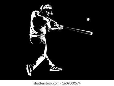 Baseball player. Baseball cap. Hitter swinging with bat. Abstract isolated vector silhouette. Iink drawing