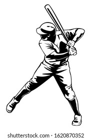 Baseball player. Baseball cap. Hitter swinging with bat. Abstract isolated vector silhouette. Iink drawing