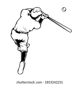 Baseball player. Baseball cap. Hitter swinging with bat. Abstract isolated vector silhouette. Iink drawing