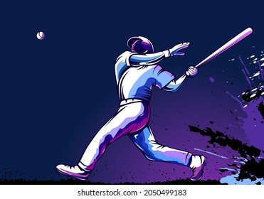 Baseball player. Baseball cap. Hitter swinging with bat. Abstract isolated vector silhouette. Iink drawing