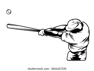 Baseball player. Baseball cap. Hitter swinging with bat. Abstract isolated vector silhouette. Iink drawing