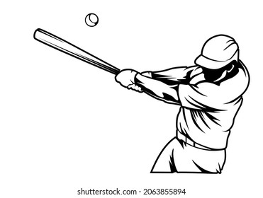 Baseball player. Baseball cap. Hitter swinging with bat. Abstract isolated vector silhouette. Iink drawing