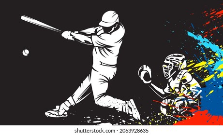 Baseball player. Baseball cap. Hitter swinging with bat. Abstract isolated vector silhouette. Iink drawing