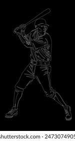 Baseball player. Baseball cap. Hitter swinging with bat. Abstract isolated vector silhouette. Iink drawing