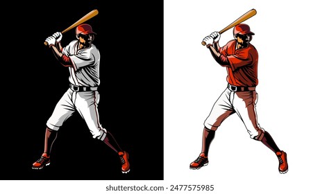 Baseball player. Baseball cap. Hitter swinging with bat. Abstract isolated vector silhouette. Iink drawing