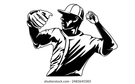 Baseball player. Baseball cap. Hitter swinging with bat. Abstract isolated vector silhouette. Iink drawing