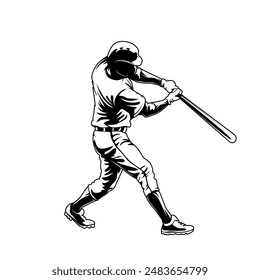 Baseball player. Baseball cap. Hitter swinging with bat. Abstract isolated vector silhouette. Iink drawing