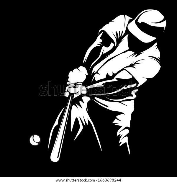 Baseball player. Baseball\
cap. Hitter swinging with bat. Abstract isolated vector silhouette.\
Iink drawing
