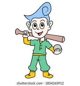 baseball player carrying bat and ball. vector illustration of cartoon doodle sticker draw