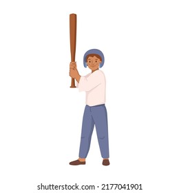 Baseball player cartoon character in protective helmet and bat, young sportive athlete. Vector illustration of pitcher hitting ball, sport league championship player