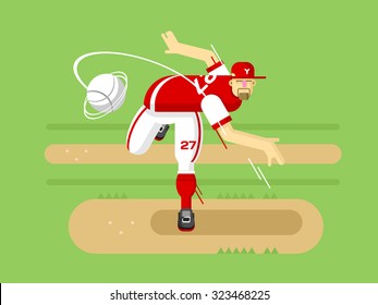 Baseball player cartoon character. Sport game, boy play, athlete in cap, vector illustration