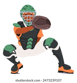 Jugador De Béisbol Catcher Personaje De Dibujos Animados En Todo El Equipo De Protección, Listo Y Listo Para Atrapar La Pelota. La Ilustración vectorial Es Perfecta Para Deportes, Atletismo Y Proyectos Temáticos De Béisbol