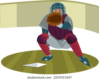 Baseball player catcher character sitting waiting for ball on field. Vector illustration. Isolated illustrations.