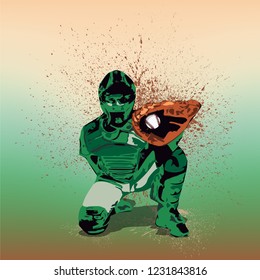 Baseball Player - Catcher With Green Uniform on a Greenbrown Background