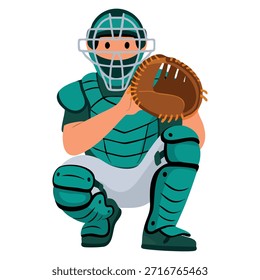 Ilustración vectorial del receptor del jugador de béisbol que espera la pelota en uniforme y casco perfecto para el juego de equipo del carácter de los deportes y los temas atléticos de las ilustraciones