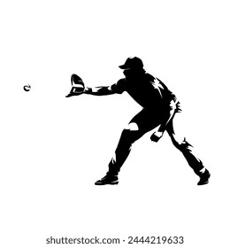 Baseball player catching ball, isolated vector silhouette, side view