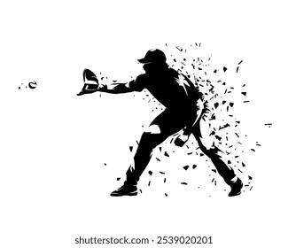 Baseball player catching ball, isolated vector silhouette, side view