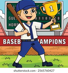 Baseball Player with Championship Trophy Colored 