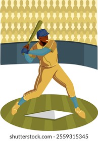 Baseball player character on the field with baseball bat. Vector illustration. Isolated illustrations.