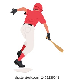 Personaje De Jugador De Béisbol En Un Jersey Rojo Y Pantalones Blancos Balanceando Un Bate Después De Golpear Una Pelota. El Jugador Del Bateador Está Usando Un Casco Y Guantes, Enfatizando La Acción Y El Atletismo En El Deporte, El Vector