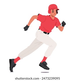 Personaje De Jugador De Béisbol En Un Uniforme Rojo Corriendo. El Atleta Bateador Lleva Un Casco, Guantes Y Abrigos, Que Simbolizan La Acción Y La Determinación En Los Deportes. Ilustración vectorial de Personas de dibujos animados