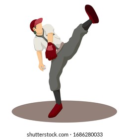 Baseball player character. Sport game, boy play, athlete in cap, vector illustration