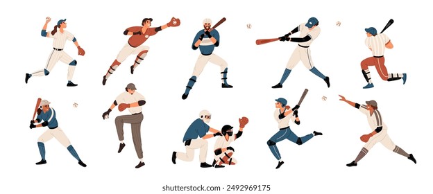 Baseball player characters. American sports game. Athletes in uniform with bats. People batting and serving. Competitive match. Pitchers positions. Sportsmen poses