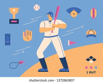 Baseball player characters and icons related to baseball. flat design style minimal vector illustration