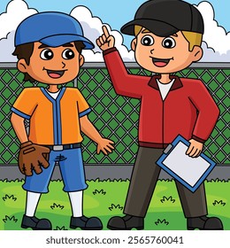 Baseball Player with Coach Colored Cartoon 