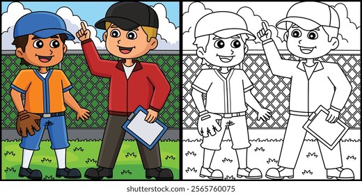 Baseball Player with Coach Coloring Illustration 