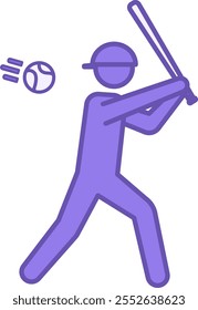 Icono de color del jugador de béisbol. Ilustración vectorial. Deportista tratando de golpear la pelota volando hacia él. Jugador de béisbol con murciélago. Concepto de deporte