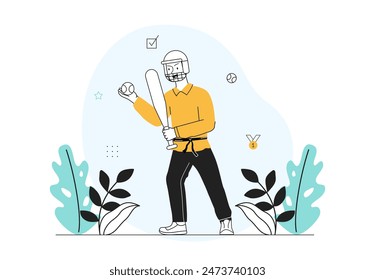 Concepto de jugador de béisbol. Hombre con casco y con balón en la mano. Estilo de vida activo y deportes. Atleta en torneo o competición. Ilustración vectorial plana lineal aislada sobre fondo blanco