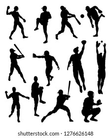 Baseball player detailed silhouettes sports set in lots of different poses