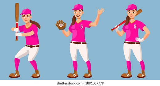 Baseball player in different poses. Female person in cartoon style.