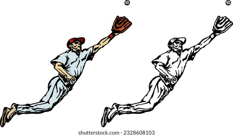 Baseball player dive to catch a ball, isolated against white. Hand drawn vector illustration.