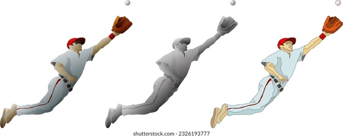 El jugador de béisbol se lanza de cabeza para atrapar una pelota, aislado contra el blanco. Ilustración vectorial 3D.