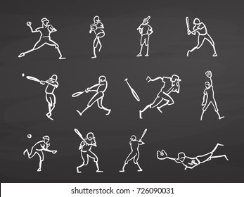 Baseball player doodles on chalkboard, handdrawn vector sketch, clean outlines, vintage style blackboard.