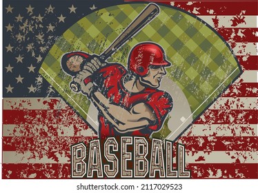 Baseball player and field. American Flag on Background