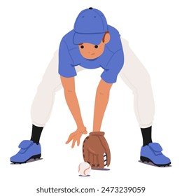 Baseball Player Fielder Character In Action, Fielding A Ground Ball While Wearing A Glove And Uniform. Cartoon Vector Illustration Perfect For Sports-related Content And Baseball Themes