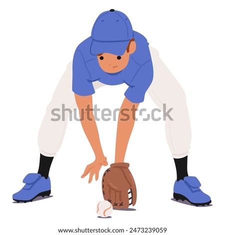 Baseball Player Fielder Character In Action, Fielding A Ground Ball While Wearing A Glove And Uniform. Cartoon Vector Illustration Perfect For Sports-related Content And Baseball Themes