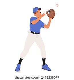 Baseball Player Fielder Character In A Blue Uniform Focused On Catching A Ball With His Glove. Cartoon Vector Illustration Depicts Action, Concentration, And Athleticism In The Sport Of Baseball