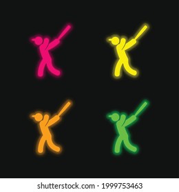 Baseball Player four color glowing neon vector icon