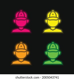 Baseball Player four color glowing neon vector icon