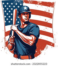 A baseball player in front of a us flag design