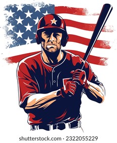 A baseball player in front of a us flag design