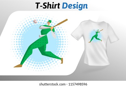 Baseball player in green uniform with bat on blue circle t-shirt print. Colorful mock up t-shirt design template. Vector template, isolated on white background.